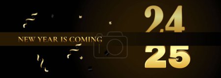 Neujahrsfeier 2025 mit goldenen Zahlen und eleganter Serpentinendekoration, luxuriöses Urlaubskonzept. Outgoing 2024 Frohes Neues Jahr 2025 Design für Flyer, Banner und Kalender.
