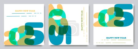 Kreatives modernes Konzept für Happy New Year 2025 Plakatset. Designer geometrische Vorlagen mit 2025 typografischem Logo für die Weihnachts- und Saisondekoration. Minimalistische Modehintergründe für Branding, Banner, Cover, Karte