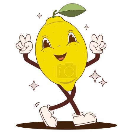 Retro-Cartoon lustige Zitronenfigur im fetzigen Stil, niedliches Maskottchen. Vintage Zitrusfrüchte Vektor Illustration. Nostalgie für die 60er, 70er, 80er.