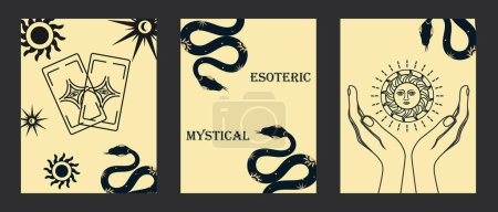 Conjunto de patrones vectoriales místicos. Carteles con una serpiente, cartas del tarot, sol del tarot, silueta de manos, estrellas. Elementos de símbolos esotéricos, ocultistas, alquímicos y brujos.