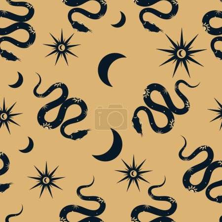 Vector patrón mágico sin costuras con la serpiente con el sol, la luna y las estrellas signos. Fondo esotérico místico para el diseño de tejidos, textiles, envases, astrología, papel de envolver.
