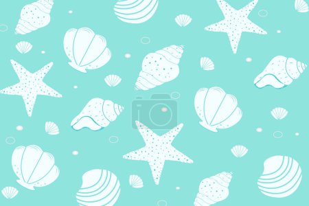 Fond vectoriel mignon avec des coquillages de plage. Océan exotique tropical coquille sous-marine, mollusque aquatique, escargot spirale de mer, étoile de mer pour bannières, cartes, prospectus, fonds d'écran, textiles, médias sociaux.