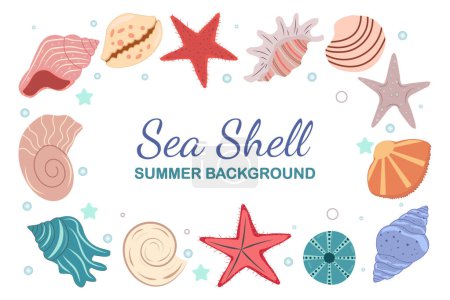 Frame with decorative seashells and starfish. Wreath with sea elements and place for text. Banner template for greeting cards and invitations. Undersea world. Marine vector background.