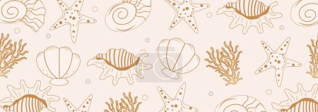 Modèle vectoriel mignon avec coquillages de plage. Océan exotique tropical coquille sous-marine, mollusque aquatique, escargot spirale de mer, étoile de mer pour bannières, cartes, prospectus, fonds d'écran, textiles, médias sociaux.