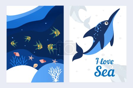 Mignonnes affiches d'été sur la mer avec des dauphins et des coquillages. Eléments de design océanique pour impression, affiche, carte.