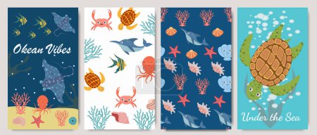 Mignonnes affiches d'été sur la mer. Tortue, étoile de mer, coquille, vie marine, éléments de conception océanique à imprimer, affiche, carte.