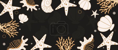 Sea summer background with seashells. Sea banner template design with starfish and corals on a black background with space for text. Vector illustration. Summer holiday and vacation concept.