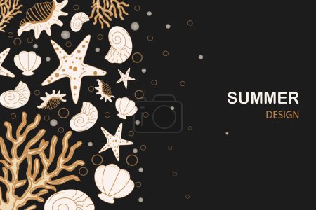 Sea summer background with seashells. Sea banner template design with starfish and corals on a black background with space for text. Vector illustration. Summer holiday and vacation concept.