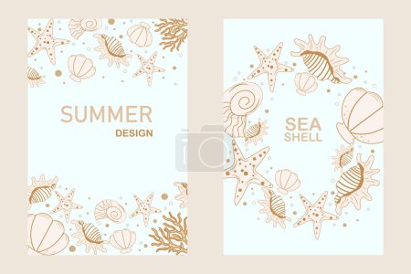Marine summer posters with seashells. Nautical summer banner template design with starfish and corals on pastel background. Summer holiday and vacation concept with marine life elements. Vector.