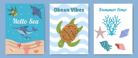 Summer posters with marine life elements. Nautical summer banner template design with starfish, shells, coral, turtle, fish. Summer holiday and vacation concept with cartoon cute sea life elements. 