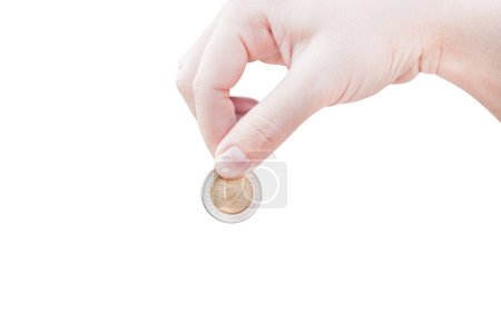 Photo for Woman hand putting a coin isolated on white background,Donation Investment Fund Financial Support Charity  Dividend Market Growth Home  Giving Planned Accounting Collection Debt Banking ROI - Royalty Free Image