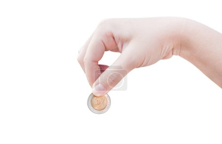 Photo for Woman hand putting a coin isolated on white background,Donation Investment Fund Financial Support Charity  Dividend Market Growth Home  Giving Planned Accounting Collection Debt Banking ROI - Royalty Free Image