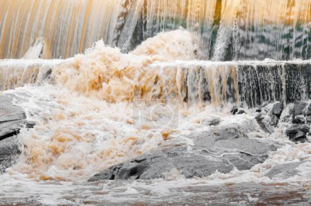 Téléchargez les photos : Cascade de cascades coulant dans la forêt verte, Eau mousseuse venant sur une petite cascade d'un barrage - en image libre de droit