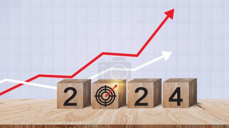 2024 goals of business or life, Wooden cubes with 2024 and goal icon on smart background, Starting to new year, Business common goals for planning new project, annual plan, business target achievement