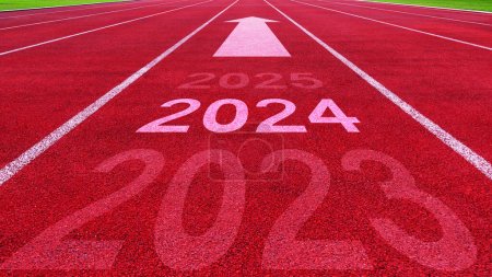 Photo pour Route de piste d'athlétisme avec le concept du Nouvel An 2024. Orientation vers le concept de nouvelle année et idée de développement durable pour l'objectif et le succès, concept pour la vision 2023-2025. - image libre de droit