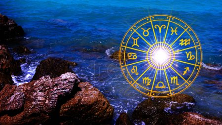 Concept d'astrologie et d'horoscope, personne à l'intérieur d'une roue des signes du zodiaque, signes astrologiques du zodiaque à l'intérieur du cercle de l'horoscope, Astrologie, connaissance des étoiles dans le ciel, pouvoir du concept de l'univers.