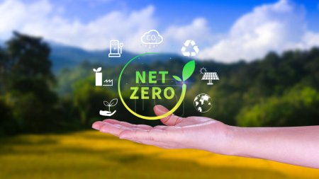 Conceptos Neto Cero y Neutral de Carbono, Objetivo de emisiones netas de gases de efecto invernadero cero, Estrategia climáticamente neutra larga, Empresario con icono de NetZero.