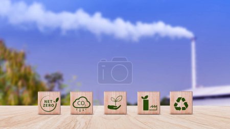Net Zero and Carbon Neutral Concepts, Net zero greenhouse gas emissions target, Climate neutral long strategy. Wooden cubes with NetZero icon.