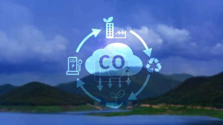 CO2 reducing icon with circular for decrease CO2 , carbon footprint and carbon credit to limit global warming from climate change, Bio Circular Green Economy concept.