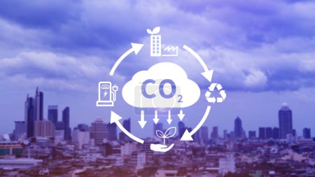 CO2-Reduzierungs-Symbol mit Rundschreiben zur Verringerung von CO2, CO2-Fußabdruck und CO2-Gutschrift zur Begrenzung der globalen Erwärmung durch den Klimawandel, Bio Circular Green Economy concept.
