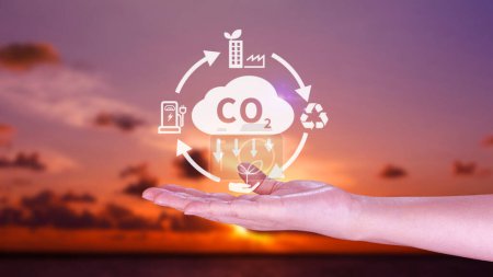 Virtuelles Symbol zur Reduzierung von CO2-Emissionen, CO2-Fußabdruck und CO2-Gutschriften zur Begrenzung der globalen Erwärmung durch das Bioklimaschutzkonzept.