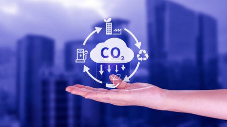 Virtuelles Symbol zur Reduzierung von CO2-Emissionen, CO2-Fußabdruck und CO2-Gutschriften zur Begrenzung der globalen Erwärmung durch das Bioklimaschutzkonzept.