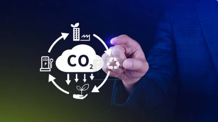 Mantener a mano el icono virtual de reducción de CO2 para reducir las emisiones de dióxido de carbono, la huella de carbono y el crédito de carbono para limitar el calentamiento global del concepto de cambio climático bio.