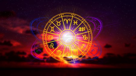 Concept of astrology and horoscope, person inside zodiac sign wheel, Astrological zodiac signs inside of horoscope circle, Astrology, knowledge of stars the sky, power of the universe concept.