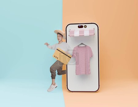 The handsome Asian youth with 3D illustration is carrying a white screen mobile phone and while holding a 3D debit card, the theme of the online store background is full of beautiful and beautiful col