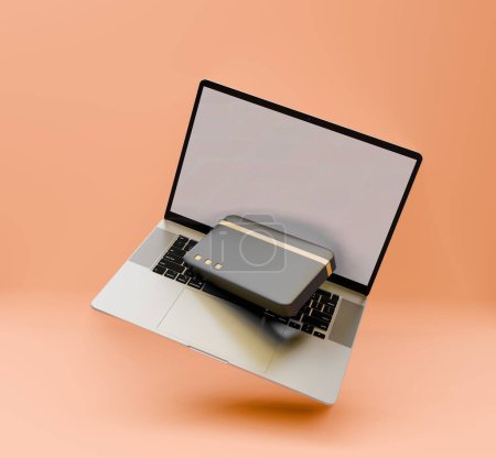 Illustration of a laptop floating while pulling out a large screen with a debit card. online transactions .save money online . Orange background
