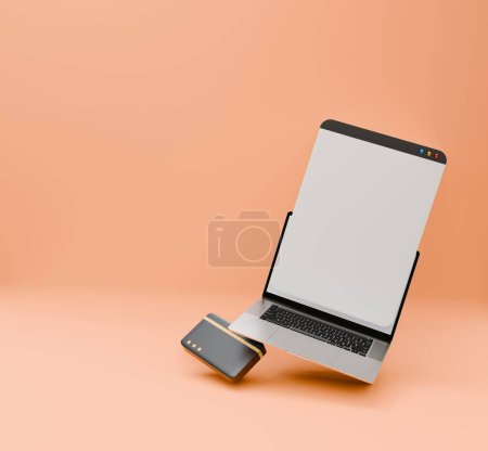Téléchargez les photos : Illustration d'un ordinateur portable flottant avec une carte de débit. transactions en ligne .save argent en ligne - en image libre de droit