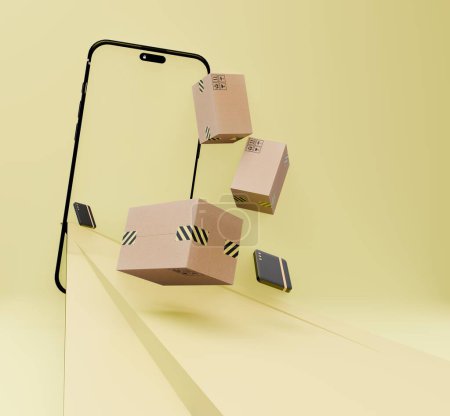 Ilustración 3D del mensajero del paquete con el teléfono móvil de la pantalla transparente con la carretera y la caja del paquete y la tarjeta de débito que vuelan