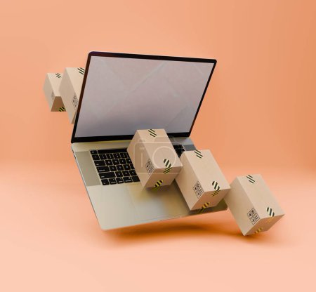 Téléchargez les photos : Illustration 3D avec ordinateur portable et paquet de boîte disposés sur le dessus de l'ordinateur portable - en image libre de droit