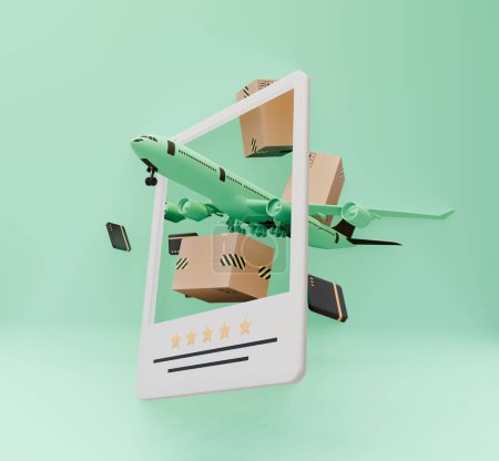 Téléchargez les photos : Illustrations 3D rapides et paquets de boîtes volantes sur un beau fond vert - en image libre de droit