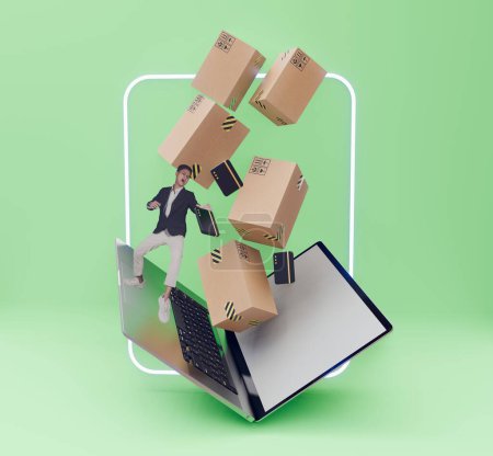 3D illustration with a laptop with a person flying on a laptop along with a flying box package.package courier package