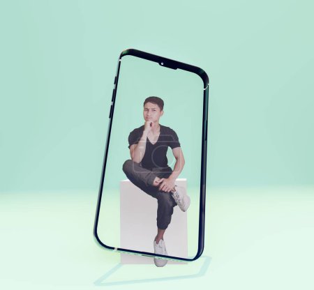 3D-Illustration eines transparenten Mobiltelefons, das einen sitzenden Mann zeigt