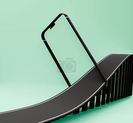 3D-Illustration eines taransparanischen Mobiltelefons mit großer Autobahn, geeignet für Produktwerbung und Express-Paketboten-Werbung