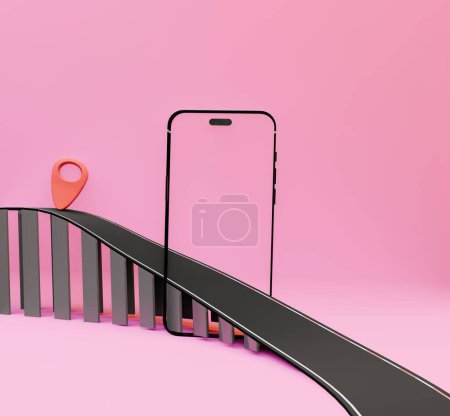 3D-Illustration eines taransparanischen Mobiltelefons mit großer Autobahn, geeignet für Produktwerbung und Express-Paketboten-Werbung