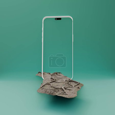3D-Illustration des weißen transparenten Mobiltelefons mit schöner Mautstraße. Produktwerbung 