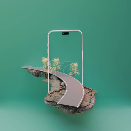 3D illustration of white transparent mobile phone with beautiful toll road .product advertisement 