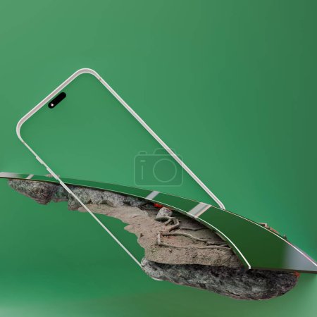 3D-Illustration des weißen transparenten Mobiltelefons mit schöner Mautstraße. Produktwerbung 