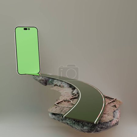 Ilustración 3D de teléfono móvil blanco transparente con hermosa carretera de peaje .product anuncio 
