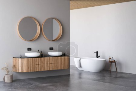 Foto de Moderno cuarto de baño interior con paredes blancas, lavabo de mármol con espejo doble, bañera, ducha al aire libre y suelo de hormigón gris. Minimalista baño beige con muebles modernos. Renderizado 3D - Imagen libre de derechos
