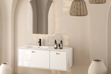 Foto de Interior de baño beige con lavabo blanco y alfombra en suelo de granito. Accesorios de baño en el estudio del hotel. Renderizado 3D - Imagen libre de derechos
