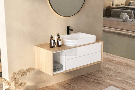 Téléchargez les photos : Lumineux intérieur de salle de bain minimale avec lavabo blanc et miroir ovale, baignoire, plantes sèches dans un vase, tapis sur sol en granit. Accessoires de bain, piscine. rendu 3D - en image libre de droit