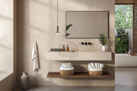 Ein geräumiges Badezimmer mit beigen Wänden, einem schönen Waschtisch, einem schwarz gerahmten Spiegel, einer Pendelleuchte, Handtüchern, Körben, einer weißen Badewanne und einem ruhigen Blick auf den Garten mit viel Grün. 3D-Darstellung