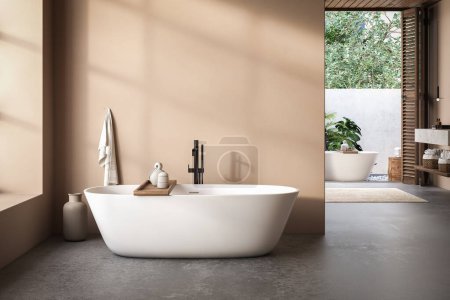 Stilvolles Badezimmer mit beigen Wänden, Betonboden, Badewanne, Waschtisch, Handtüchern, Accessoires, Pflanzen und einem atemberaubenden Blick auf den Hinterhof. Modernes minimalistisches Design mit natürlicher Wärme. 3D-Darstellung
