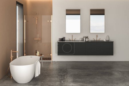 Modernes Badezimmer mit luxuriösen Schränken, weißer Badewanne, Duschkabine, Fenster und Betonboden, mit beigen und weißen Wänden für einen eleganten und raffinierten Look.