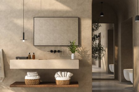 A minimalist bathroom with a sleek bathroom vanity, black and white bathtub, wall-mounted mirror, plants, matte marble flooring, beige walls, and a small pool. 3d rendering