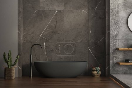 A modern bathroom featuring an anthracite bathtub, marble ceramic tiles on the back wall, parquet flooring, plants and a basket. 3d rendering